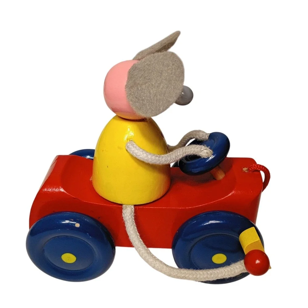 Vintage Toy Pull‎ Along Mouse Wooden Tricycle Bike Colorful Felt Ears